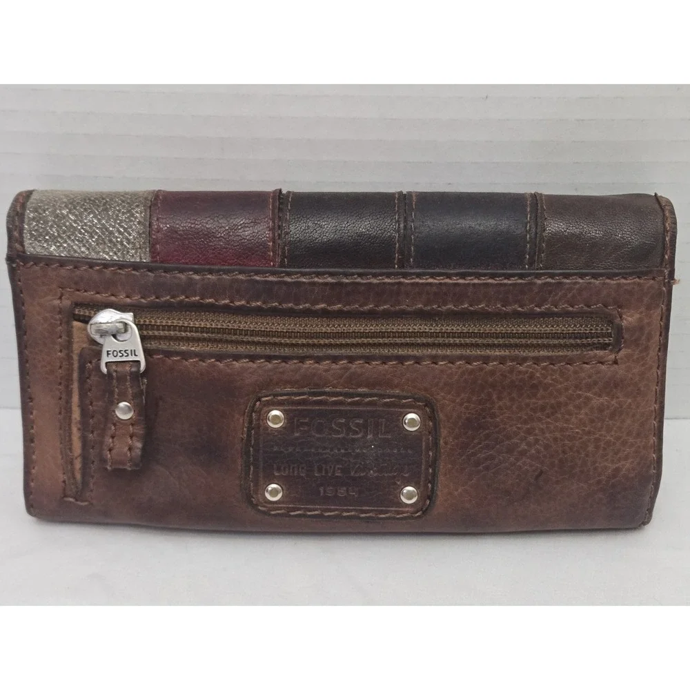 Vintage Fossil Leather Patchwork Trifold Wallet Emory Clutch Boho Y2K 1954
